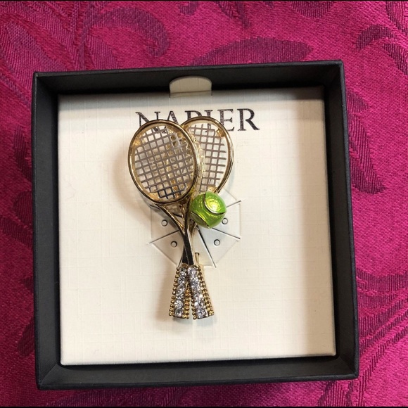 New in Box Gorgeous Napier Gold-Tone Crystal Tennis Racket Pin - Picture 2 of 6
